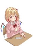  1girl alternate_costume amagi_(amagi626) blonde_hair blush bow bowtie breasts cardigan chair collared_shirt commentary_request contemporary desk flandre_scarlet food food_in_mouth hair_bow highres looking_at_viewer loose_bowtie medium_breasts pink_cardigan pocky pocky_in_mouth red_bow red_bowtie red_eyes red_nails school_chair school_desk school_uniform shirt simple_background smile solo textless_version touhou white_background white_shirt 