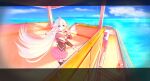  1girl :o absurdres ahoge black_shirt black_thighhighs blue_eyes boat braid cevio cloud commentary day elbow_cutout floating_hair hand_in_own_hair highres ia_(vocaloid) kokodoko_(g_kkdk) lifebuoy long_hair looking_at_viewer miniskirt ocean on_boat outdoors outstretched_arm pink_skirt pleated_skirt shirt side_braid skirt sky solo swim_ring thighhighs very_long_hair vocaloid watercraft white_hair wide_shot wind wind_lift zettai_ryouiki 