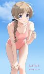  1girl absurdres blue_eyes blue_sky blush braid breasts brown_hair cloud cloudy_sky collarbone commentary_request feet_out_of_frame food highres holding large_breasts long_hair looking_at_viewer lynette_bishop one-piece_swimsuit outdoors pink_one-piece_swimsuit popsicle single_braid sky smile standing strike_witches swimsuit world_witches_series yoshilyne_marriage_promotion_association 