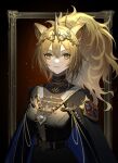  1girl aiceq_(qianchen1999) animal_ears arknights belt black_background black_cape black_dress blonde_hair bodystocking cape cat_ears center-flap_bangs chinese_commentary commentary covered_collarbone crown dress emblem gold_buckle gold_trim gradient_background grey_eyeliner hair_between_eyes heart heart_necklace high_ponytail highres jewelry light_particles long_hair looking_at_viewer necklace picture_frame ponytail red_background serious siege_(arknights) solo two-sided_cape two-sided_fabric vina_victoria_(arknights) yellow_eyes 