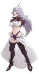  1boy armor black_boots black_nails boots closed_mouth codpiece cropped_jacket crossed_arms feather_hair_ornament feathers final_fantasy final_fantasy_ix full_body grey_hair hair_ornament highres jacket kuja light_smile long_hair male_focus mazimagheotgeot midriff nail_polish navel parted_bangs purple_jacket shoulder_armor showgirl_skirt solo standing thigh_boots trap white_background white_sleeves 