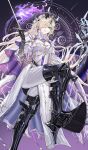  1girl absurdres ambience_synesthesia arknights armored_boots black_boots blonde_hair blue_eyes boots breasts cape commentary_request dragon_girl dragon_horns dragon_tail dress earrings fire flame-tipped_tail from_below gauntlets hair_over_one_eye high_heels highres holding holding_staff holding_sword holding_weapon horns jewelry long_hair long_sleeves looking_at_viewer looking_down medium_breasts minuolin necrass_(arknights) necrass_(as_clear_as_crystal)_(arknights) official_alternate_costume pants poleyn purple_cape smile solo staff standing sword tail thigh_boots two-sided_cape two-sided_fabric vambraces very_long_hair weapon white_cape white_dress white_pants 