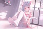  1girl absurdres ahoge animal_ears apron bell black_choker bob_cut bow breasts cat_ears cat_girl cat_tail choker commentary feet flower foot_focus glasses hair_bow hair_flower hair_ornament heart heart_ahoge heart_in_eye highres indoors maid_apron no_shoes on_floor one_side_up open_mouth original panties panties_under_pantyhose pantyhose pantyshot pink_eyes presenting_own_foot red-framed_eyewear ribbon round_eyewear semi-rimless_eyewear sheng_taoren short_hair sitting small_breasts solo symbol_in_eye tail tail_bell tail_ornament tail_ribbon thighband_pantyhose thighs tongue tongue_out underwear white_hair white_panties white_pantyhose window_blinds windowsill 