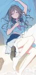  1girl beach beach_towel blue_eyes blue_sailor_collar blue_skirt blush bottle breasts brown_hair brown_shoes commentary_request gakuen_idolmaster highres himesaki_rinami holding holding_bottle idolmaster long_hair looking_at_viewer lying ningen_mame ocean on_back pleated_skirt ramune sailor_collar sailor_shirt school_uniform serafuku shirt shoes short_sleeves skirt smile socks solo towel unworn_shoes white_shirt white_socks 