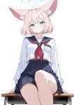  1girl absurdres animal_ear_fluff animal_ears black_skirt blue_archive blue_eyes blue_halo blush chinese_commentary closed_mouth commentary_request desk fox_ears halo highres long_sleeves looking_at_viewer niko_(blue_archive) pink_hair sailor_collar school_desk school_uniform serafuku short_hair simple_background sitting skirt smile solo thighs xingyun_fankic 