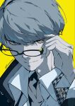  1boy adjusting_eyewear arm_up collared_shirt commentary_request glasses greyscale_with_colored_background highres houndstooth jacket layered_sleeves long_sleeves looking_to_the_side male_focus narukami_yu open_clothes open_collar open_jacket persona persona_4 ritomasushi school_uniform shirt short_hair sideways_glance simple_background swept_bangs twitter_username wing_collar yasogami_school_uniform yellow_background 