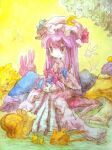  1girl animal bad_id bad_twitter_id bird bird_on_hand blue_bird blue_bow bow capelet closed_mouth crescent crescent_hat_ornament fairy forest full_body grass hair_bow hair_ribbon hands_on_lap hat hat_bow hat_ornament hatching_(texture) ikeda_ruriko jitome light_smile long_hair long_sleeves looking_at_animal mob_cap mushroom nature no_nose on_mushroom outdoors patchouli_knowledge pink_bow purple_eyes purple_hair rabbit ribbon sitting sitting_on_mushroom sky snail solo squirrel touhou traditional_media tree tress_ribbon woven_hatching yellow_sky 