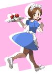  1girl :d apron asatsuki_(fgfff) blue_dress brown_eyes brown_hair brown_pantyhose commentary_request dress drop_shadow eyelashes full_body highres holding holding_tray looking_back open_mouth pantyhose poke_ball poke_ball_(basic) pokemon pokemon_diamond/pearl/platinum purple_background shoes short_sleeves smile solo tray waist_apron waitress_(pokemon) white_apron white_headdress white_shoes 