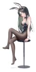  1girl absurdres animal_ear_hairband animal_ears arm_support bare_shoulders black_bow black_bowtie black_hair black_leotard black_pantyhose bow bowtie breasts bright_pupils chinese_commentary closed_mouth commentary_request crossed_legs detached_collar expressionless fake_animal_ears green_eyes hairband highleg highleg_leotard highres large_breasts leotard light_blush lishu_(2013547716) long_hair looking_at_viewer multicolored_hair no_shoes on_stool original pantyhose playboy_bunny rabbit_ear_hairband rabbit_ears red_hair simple_background sitting solo stool strapless strapless_leotard streaked_hair torn_clothes torn_pantyhose very_long_hair white_background white_pupils 