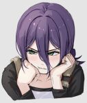  1girl :t backpack bag black_shirt blush chainsaw_man clenched_hand closed_mouth collarbone commentary_request cropped_torso eruthu green_eyes hair_between_eyes hair_intakes hands_under_chin head_on_hands highres long_sleeves looking_to_the_side medium_hair pout purple_hair reze_(chainsaw_man) shirt simple_background sketch solo two-tone_shirt upper_body white_background white_shirt 