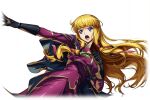  1girl black_gloves blonde_hair blue_eyes blunt_bangs capelet code_geass code_geass:_lost_stories f4samurai game_asset gloves gloves_over_sleeves highres jacket monica_kruszewski non-web_source official_alternate_costume official_art open_mouth outstretched_arm purple_capelet purple_jacket purple_skirt red_ribbon ribbon self-datamine serious sidelocks skirt under-elbow_gloves 