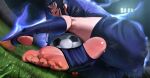 1girl absurdres ado_(utaite) artist_logo artist_name ass aura ball black_hair black_nails blue_aura blue_eyes blue_hair blue_lock blue_shirt blue_shorts chando_(ado) colored_inner_hair commentary english_commentary esmile feet foot_blush foot_focus foreshortening grass hair_between_eyes highres logo long_bangs long_hair looking_at_viewer looking_back mole mole_under_eye multicolored_hair nail_polish night on_floor open_mouth outdoors shirt shorts smell soccer soccer_ball soccer_field soccer_uniform soles solo sportswear stadium stadium_lights steaming_body stirrup_legwear sweat sweaty_feet teeth thighs tiptoes toeless_legwear toenail_polish toenails toes upper_teeth_only utaite very_long_hair 