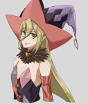  1girl asymmetrical_sleeves bare_shoulders black_dress black_sleeves blonde_hair commentary detached_sleeves dress flat_chest green_eyes grey_background hair_between_eyes hat highres jester_cap long_bangs long_hair looking_at_viewer magilou_(tales) mismatched_sleeves multicolored_hat pink_dress pink_sleeves piyoko_369 pointy_ears smile smirk solo tales_of_(series) tales_of_berseria two-tone_dress upper_body very_long_hair witch_hat 