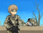  acog acu_(camo) assault_rifle blue_eyes camouflage ferret gloves goggles gun hagiwara_(kururabo02) helmet load_bearing_vest m4_carbine military military_uniform original plate_carrier radio radio_transceiver rifle smile solo uniform us_army weapon 