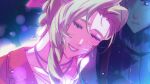 1boy 1girl aerith_gainsborough artist_name blonde_hair blue_eyes blue_shirt braid braided_ponytail brown_hair closed_eyes cloud_strife dress emi-bianchi final_fantasy final_fantasy_vii final_fantasy_vii_rebirth final_fantasy_vii_remake gold_buttons hair_ribbon hetero highres jacket jewelry leaning_on_person light_blush looking_at_another necklace parted_bangs parted_lips pink_dress pink_lips pink_ribbon red_jacket ribbed_shirt ribbon shirt sidelocks single_braid smile suspenders upper_body 