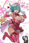  2girls areola_slip bare_shoulders beret blush bow bowtie breasts brown_hair cleavage covered_nipples crying detached_sleeves dress gloves gloves_over_elbow_gloves green_eyes green_hair hat huge_breasts looking_at_viewer magical_girl multiple_girls one_eye_closed open_mouth original pink_dress pink_hat pink_thighhighs sharekoube short_hair smile solo thighhighs translation_request video_camera white_gloves 