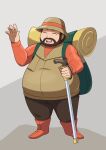  1boy :d asatsuki_(fgfff) backpack bag beard boots bracelet brown_hat brown_pants brown_vest bucket_hat cane closed_eyes commentary_request facial_hair full_body green_bag happy hat highres hiker_(pokemon) holding holding_cane jewelry long_sleeves male_focus open_mouth orange_boots orange_shirt pants pokemon pokemon_black_and_white shirt smile solo standing teeth upper_teeth_only vest 