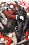  1girl absurdres ak-12 ak-47 alpha_(alpha_1918) alternate_breast_size_(larger) alternate_costume artist_name assault_rifle belt black_pantyhose blush breasts brown_belt christmas dragunov_svd drone fur-trimmed_jacket fur_trim gloves gp-25 grenade_launcher grin gun hand_on_own_knee handgun happy_new_year hat highres holding holding_gun holding_weapon jacket kalashnikov_rifle knees_up large_breasts long_hair looking_at_viewer lying machine_gun makarov_pm mastcom0 mp-443_grach no_shoes on_back open_mouth original pantyhose parted_lips pkp_pecheneg pp-19-01_vityaz ppsh-41 red_eyes red_jacket rifle russian_text santa_hat sharp_teeth smile sniper_rifle solo speech_bubble stechkin_aps submachine_gun suppressor teeth toes tongue underbarrel_grenade_launcher very_long_hair weapon white_gloves white_hair wooden_floor 