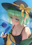  1girl black_camisole black_hat blue_background blush bow breasts camisole commentary_request disembodied_linked_eye eyeball frilled_sleeves frills green_eyes green_hair hand_fan handheld_electric_fan hat hat_bow highres holding holding_fan hot komeiji_koishi long_sleeves looking_at_viewer medium_breasts open_clothes open_shirt shirt solo soo_kazahana sweat touhou twitter_username wide_sleeves yellow_bow yellow_shirt 