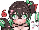  1girl 67_(meme) absurdres blush bow brown_hair commentary cross-eyed english_commentary green_bow green_eyes green_hair hair_bow hair_ornament heart heart_hair_ornament highres indie_virtual_youtuber meme miki_kokoa miki_kokoa_(artist) multicolored_hair side_ponytail sleeves_past_fingers sleeves_past_wrists solo strap streaked_hair tongue tongue_out two-tone_hair virtual_youtuber white_background 