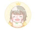  1girl aged_down baby bib closed_eyes commentary_request eclaircat giggling grey_hair jumpsuit love_live! love_live!_nijigasaki_high_school_idol_club mutekikyuu_believer nakasu_kasumi profile_picture short_hair simple_background solo upper_body yellow_jumpsuit 