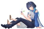  1boy 1girl bare_shoulders basher black_pants black_shoes blue_bow blue_eyes blue_hair blue_shirt boros_(ouro_kronii) bow breasts brown_sandals cellphone clothing_cutout commentary english_commentary grey_hair hair_bow hair_intakes happy highres holding holding_phone hololive hololive_english long_hair long_sleeves looking_at_penis musical_note open_mouth ouro_kronii pants personification phone pointy_ears sandals shirt shoes short_hair shoulder_cutout simple_background sitting smartphone smile trap virtual_youtuber white_background 