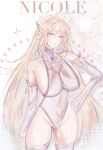  1girl a_r_i_a absurdres alternate_breast_size_(larger) alternate_costume bare_shoulders blonde_hair blue_eyes breasts character_name closed_mouth clothing_cutout commentary_request cowboy_shot detached_sleeves genshin_impact halo halter_leotard halterneck hand_on_own_hip highleg highleg_leotard highres large_breasts leotard long_hair looking_at_viewer navel navel_cutout nicole_(genshin_impact) paid_reward_available sideboob solo thighhighs very_long_hair white_background white_leotard white_sleeves white_thighhighs zoom_layer 