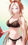  1girl animal_ears black_bra black_panties blue_eyes bra breasts highres horse_ears horse_girl large_breasts multicolored_hair orange_hair orfevre_(umamusume) panties parted_lips shirt_tug single_bare_shoulder squeans two-tone_hair umamusume underwear underwear_only white_hair yue_(lov_n_n) 