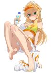  1girl armband bare_legs bare_shoulders barefoot blonde_hair boots bottle breasts closed_mouth commentary feet fingerless_gloves fingernails full_body gloves green_eyes green_nails high_heel_boots high_heels highres holding holding_bottle hoshii_miki idolmaster idolmaster_(classic) idolmaster_million_live! knees_up legs light_blush long_hair looking_at_viewer medium_breasts miniskirt nail_polish panties race_queen raised_inner_eyebrows simple_background single_fingerless_glove sitting skirt soayo soles solo toenail_polish toenails toes underwear unworn_boots visor_cap white_background white_boots white_gloves white_panties white_skirt 