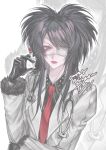  1girl aegyo_sal ambiguous_red_liquid arm_across_waist big_hair black_gloves black_hair black_shirt coat collared_shirt commentary commission english_commentary english_text eyepatch fashion fur-trimmed_sleeves fur_trim gloves goth_fashion hand_up highres holding holding_syringe iryou_kei kiry0amist lab_coat lapels long_hair looking_at_viewer medical_eyepatch necktie notched_lapels original red_lips red_necktie shirt solo spiked_shirt stethoscope stethoscope_around_neck swept_bangs syringe upper_body visual_kei white_background white_coat zoom_layer 