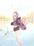  1girl ahoge autumn autumn_leaves bare_legs bird black_nails black_shorts bloom blurry blurry_background camera camera_around_neck commentary day flower_(gynoid_talk) flower_(vocaloid) foreshortening fur-trimmed_jacket fur_trim gynoid_talk highres holding holding_camera jacket kokodoko_(g_kkdk) leaf midriff multicolored_hair navel offering_hand outdoors purple_jacket purple_shirt purple_streaks reaching reaching_towards_viewer red_eyes see-through_clothes see-through_shirt shirt short_hair_with_long_locks short_shorts shorts smile solo streaked_hair tree vocaloid wading white_hair 