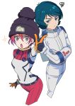  1boy 1girl aeug amate_yuzuriha annoyed beanie black_hat blue_eyes blue_hair closed_mouth commentary cropped_legs frown gundam gundam_gquuuuuux hat highres in-franchise_crossover kamille_bidan kasumi_(skchkko) looking_at_viewer mecha_pilot_suit normal_suit_(gundam) open_mouth red_hair sparkle textless_version white_background zeta_gundam 