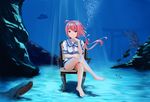  ahoge armchair barefoot blush bubble chair crossed_legs dominico fish hair_ribbon i-168_(kantai_collection) kantai_collection light_rays long_hair looking_at_viewer one-piece_swimsuit ponytail red_eyes red_hair ribbon school_swimsuit school_uniform serafuku sitting solo sunbeam sunlight swimsuit swimsuit_under_clothes torii underwater wet wet_clothes 