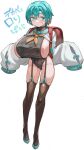  1girl areola_slip backpack bag black_leotard blue_eyes blush breasts brown_thighhighs covered_nipples full_body garter_straps green_eyes green_hair green_sailor_collar heterochromia high_heels huge_breasts large_areolae leotard looking_at_viewer neckerchief original sailor_collar sharekoube short_hair shrug_(clothing) sideboob sleeves_past_fingers sleeves_past_wrists solo thighhighs translation_request white_shrug 