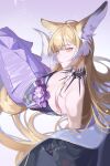  1girl animal_ear_fluff animal_ears arknights bare_shoulders black_collar blonde_hair blunt_sidelocks braid breasts chinese_commentary cleavage collar collarbone commentary_request corsage dated dl_fengyu dress feet_out_of_frame floral_print floral_print_kimono flower fox_ears fox_girl fox_tail from_above hair_spread_out highres japanese_clothes kimono long_hair looking_at_viewer medium_breasts multicolored_hair off_shoulder official_alternate_costume open_clothes open_kimono orange_eyes parted_lips print_kimono purple_dress purple_flower sidelocks signature simple_background single_braided_sidelock solo strapless strapless_dress streaked_hair tail vulpisfoglia_(arknights) vulpisfoglia_(out_of_focus)_(arknights) white_streaks 