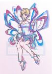  1girl :d bare_legs bare_shoulders blonde_hair blue_eyes blue_hair bow breasts choker chouzetsusaikawa_tenshi-chan cleavage commentary_request covered_navel dress drop_shadow elbow_gloves frilled_dress frilled_sleeves frills full_body gloves gradient_background gradient_hair grey_ribbon grin hair_bow halftone halftone_background hand_up heart high_heels invisible_chair iridescent_clothes long_hair looking_at_viewer manio11a medium_breasts multicolored_hair needy_girl_overdose off-shoulder_dress off_shoulder pink_background pink_hair plantar_flexion puffy_short_sleeves puffy_sleeves purple_hair quad_tails shoes short_dress short_sleeves sidelocks sideways_glance simple_background single_hair_intake sitting smile solo translation_request v very_long_hair white_background white_bow white_choker white_dress white_gloves white_shoes 