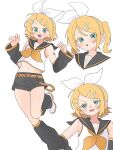  1girl alternate_hairstyle aqua_eyes bare_shoulders belt black_sailor_collar black_shorts blonde_hair bow breasts commentary detached_sleeves hair_bow hair_ornament hairclip highres kagamine_rin komori_kamome leg_warmers looking_at_viewer looking_to_the_side musical_note musical_note_print navel number_tattoo open_mouth parallel_hairclips sailor_collar shirt short_hair shorts simple_background sleeveless sleeveless_shirt small_breasts tattoo thighs treble_clef twintails vocaloid white_background white_bow white_shirt yellow_belt yellow_trim 