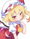  1girl ascot blonde_hair blush closed_mouth collared_shirt commentary_request crystal crystal_wings flandre_scarlet frilled_shirt_collar frills hat hat_ribbon highres long_hair looking_at_viewer masakamea mob_cap one_side_up puffy_short_sleeves puffy_sleeves red_eyes red_skirt red_vest ribbon shirt short_sleeves simple_background skirt skirt_set smile solo touhou twitter_username vest white_background white_hat white_shirt wings yellow_ascot 