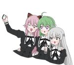  3girls :d ;d ahoge arm_around_another's_waist arm_around_shoulder arm_at_side arm_up assault_lily black-eyed_susan black_ribbon black_skirt blush bow_hairband buttons cellphone cropped_jacket egawa_kusumi endou_araya flower green_hair grey_hair hair_flower hair_ornament hair_ribbon hairband hairpods hand_on_another's_shoulder hand_on_another's_waist hand_up high-waist_skirt highres holding holding_phone juliet_sleeves lifting_own_clothes long_sleeves looking_at_phone multiple_girls neck_ribbon one_eye_closed open_mouth phone pink_hair puffy_sleeves purple_eyes red_eyes ribbon school_uniform side-by-side simple_background skirt smartphone smile taking_picture tanaka_ichi unu_(yayoinoasagohan) upper_body v v-shaped_eyebrows white_background white_flower white_hairband white_ribbon yurigaoka_girls_academy_school_uniform 
