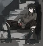  1girl black_eyes black_hair dirty_footwear highres looking_to_the_side original schellergheist sitting sitting_on_stairs socks spread_legs stairs tattoo 