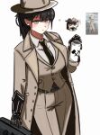  1girl black_gloves black_hair black_necktie brown_coat brown_hat brown_pants can character_request coat commentary_request fedora gloves grey_eyes hat highres hjhjb47 holding holding_can korean_commentary limbus_company long_hair looking_at_viewer n_corp._class_2_staff necktie pants project_moon shirt white_background white_shirt 
