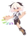  1girl ahoge black_boots black_shorts black_streaks boots cevio ci_flower commentary deformed ecoline expressionless flower_(vocaloid) grey_eyes grey_shirt holographic_keyboard layered_shirt looking_at_viewer midair multicolored_hair rainbow shirt short_hair short_sleeves shorts solo streaked_hair vocaloid white_background white_hair 
