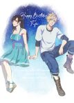  1boy 1girl absurdres aqua_dress arm_support bare_shoulders birthday black_hair black_undershirt blonde_hair blue_eyes blue_shorts boots breasts brown_boots character_name closed_mouth cloud_strife commentary_request dated dress earrings final_fantasy final_fantasy_vii final_fantasy_vii_remake happy_birthday highres invisible_chair jewelry knee_up konasu_(01burst) large_breasts long_hair parted_lips red_eyes sandals shirt short_hair shorts sitting sky smile spiked_hair star_(sky) starry_sky sundress t-shirt teardrop_earrings tifa_lockhart twitter_username white_shirt 