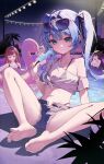  4girls absurdres ahoge akane_lize arahashi_tabi armpit_crease bare_shoulders barefoot bikini black_bikini black_hair blue_eyes blue_hair blue_shorts breasts chann837 closed_mouth collarbone commentary crop_top cutoffs denim denim_shorts eyewear_on_head feet food front-tie_top grey_hair hair_ribbon highleg highleg_bikini highres holding holding_food holding_popsicle midriff multiple_girls navel neneko_mashiro open_fly popsicle red_hair ribbon see-through_clothes see-through_shirt shirayuki_hina shirt short_shorts shorts single_bare_shoulder single_off_shoulder sitting small_breasts smile soles stellive stomach string_bikini swimsuit thighs toes twintails virtual_youtuber white_shirt 