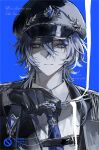  1boy absurdres alternate_costume belt black_belt black_gloves black_jacket blue_background blue_hair blue_necktie chest_belt closed_mouth collared_shirt commentary flins_(genshin_impact) frown genshin_impact gloves gradient_hair hair_between_eyes hat highres holding holding_scissors jacket long_hair long_sleeves looking_at_viewer maikang0987 male_focus multicolored_hair necktie peaked_cap scissors shirt solo suit_jacket upper_body watermark white_shirt wing_collar 