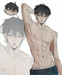  1boy abs armpits black_hair chibi chibi_inset collarbone commentary cowboy_shot gaebogchi08 groin hair_between_eyes highres lips looking_to_the_side male_focus male_underwear male_underwear_peek nipples open_fly original pants parted_lips pectorals short_hair solo toned toned_male topless_male underwear untranslatable_commentary white_background zoom_layer 