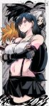  1girl 2boys arm_under_breasts bare_shoulders black_feathers black_gloves black_hair black_skirt black_thighhighs blonde_hair blue_eyes blush breasts clenched_hand closed_mouth cloud_strife commentary_request cowboy_shot crop_top crossed_arms earrings elbow_gloves elbow_pads feathers final_fantasy final_fantasy_vii final_fantasy_vii_remake final_fantasy_vii_revelation fingerless_gloves gloves green_eyes grey_hair highres jewelry kinakomochi_(user_vedc2333) large_breasts long_hair looking_at_viewer low-tied_long_hair midriff multiple_boys navel parted_bangs red_eyes sephiroth short_hair single_elbow_pad skirt smile spiked_hair suspender_skirt suspenders tank_top thighhighs thumbs_up tifa_lockhart white_tank_top zettai_ryouiki 
