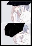  2girls arms_around_neck ayatsumugi_roka black_border blue_eyes blue_shirt border brown_hair cho_kaguya-hime! commentary_request green_eyes grey_background hand_in_another's_hair hand_on_another's_face highres long_hair medium_hair mole mole_under_eye multiple_girls purple_hair rain reitai-san sakayori_iroha shirt simple_background sleeveless sleeveless_shirt white_shirt yuri 