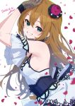  1girl arms_up baba_konomi blue_dress blush breasts brown_hair commentary_request dated dress falling_petals flower from_side gloves green_eyes grin hair_down hair_flower hair_ornament highres idolmaster idolmaster_million_live! idolmaster_million_live!_theater_days ima_(lm_ew) lace lace_gloves long_hair looking_at_viewer looking_to_the_side morpho_paresia_(idolmaster) official_alternate_costume official_alternate_hairstyle petals red_petals see-through_clothes see-through_gloves signature small_breasts smile solo turning_head upper_body white_background 