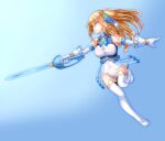  1girl aqua_eyes blonde_hair blue_background blue_bow blue_bowtie blue_jacket blue_ribbon boots bow bowtie bracelet breasts celesphonia commentary_request covered_navel cup_hilt elbow_gloves framed_breasts frills full_body gem gloves gloves_over_elbow_gloves gold_bracelet gold_trim gradient_background green_gem hair_between_eyes hair_ribbon holding holding_sword holding_weapon jacket jewelry knee_up kuon_(melvina214) large_breasts long_hair looking_to_the_side magical_girl mahou_shoujo_celesphonia midair one-piece_swimsuit one_side_up ribbon saber_(weapon) see-through_clothes see-through_jacket serious sidelocks sleeveless sleeveless_jacket solo swimsuit sword thigh_boots thighhighs underbust v-shaped_eyebrows weapon white_gloves white_one-piece_swimsuit white_thighhighs 
